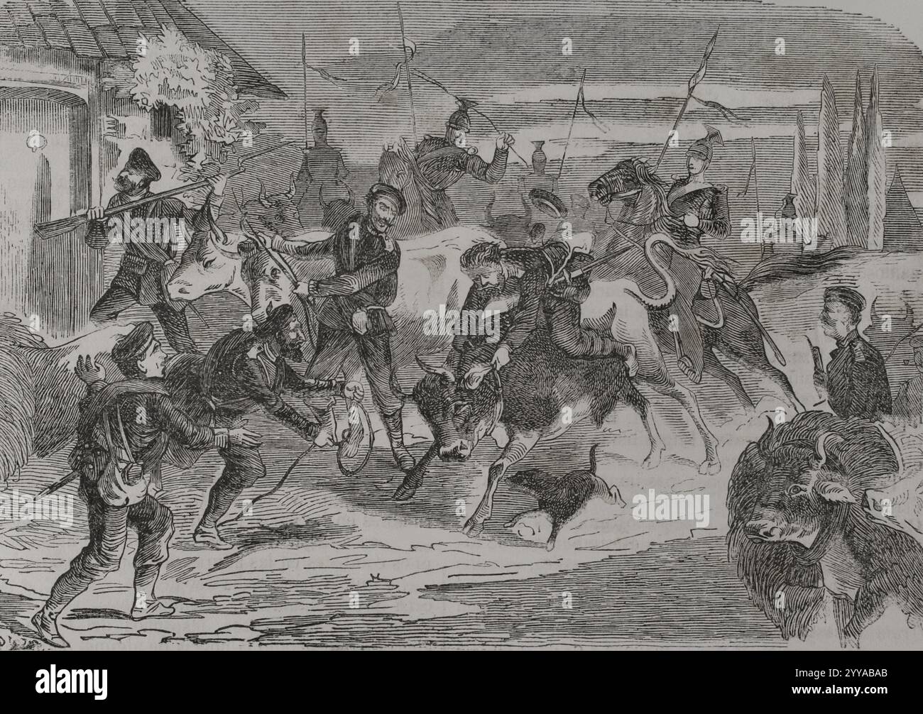 Deutsch-Französischer Krieg (1870–1871). Preußische Soldaten auf der Suche nach Nahrung. Gravur. Historia de la Guerra de Francia y Prusia (Geschichte des Krieges zwischen Frankreich und Preußen). Band I. veröffentlicht in Barcelona, 1870. Stockfoto