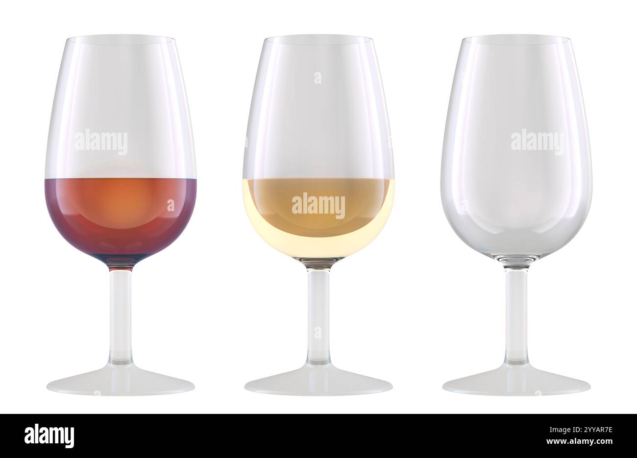 Leeres Weinglas und Gläser mit Rot- und Weißwein. 3D-Rendering isoliert auf weißem Hintergrund Stockfoto