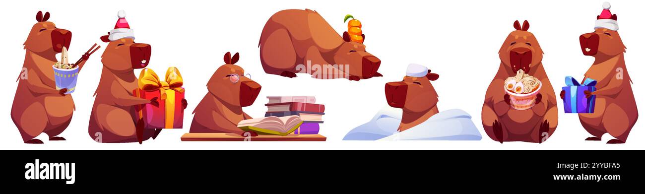 Niedliches Maskottchen mit Capybara-Zeichentrickfigur, das Nudeln isst, Geschenke hält, Bücher liest, sich im Schnee entspannt, Ramen genießt. Braune, pelzige Kreatur trägt Stock Vektor