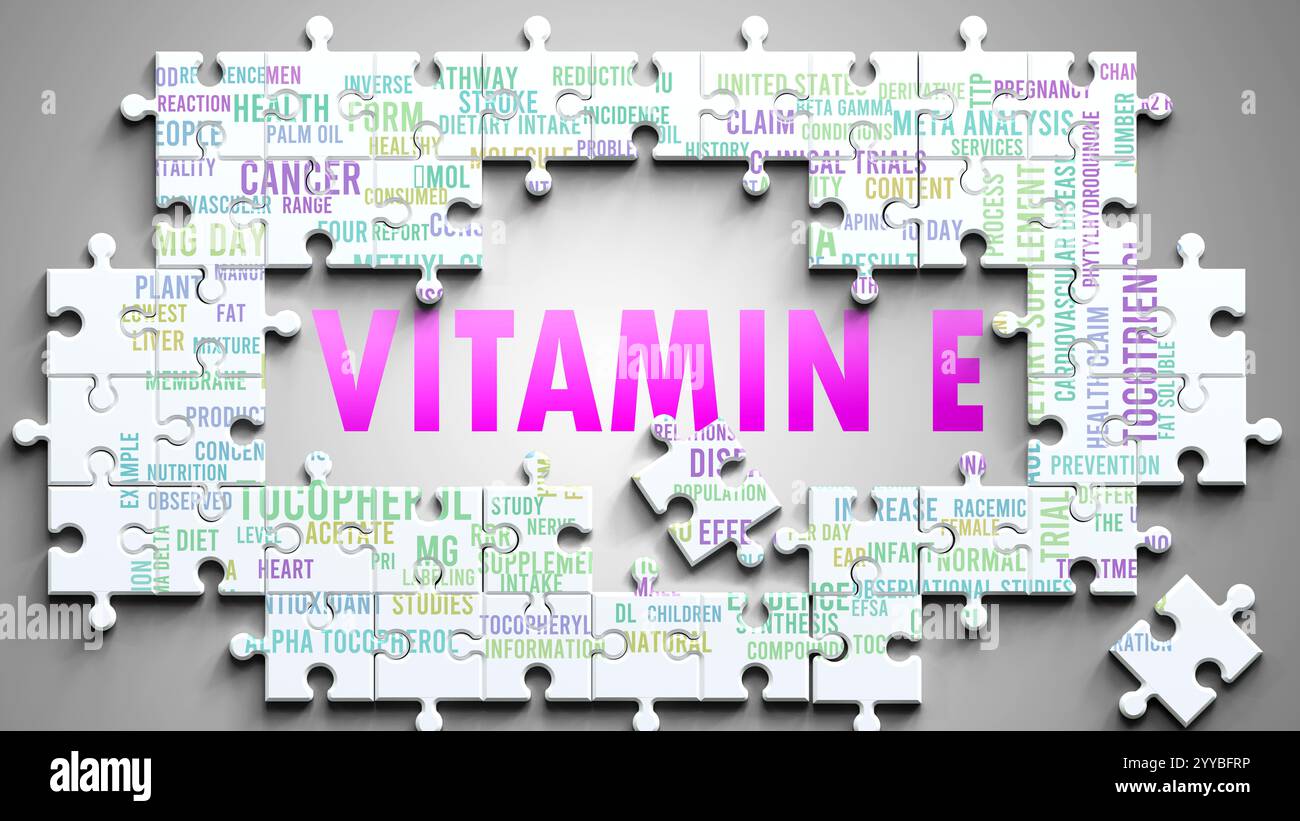 Vitamin E ist ein komplexes Thema, das mit anderen wichtigen Themen zusammenhängt. Stockfoto