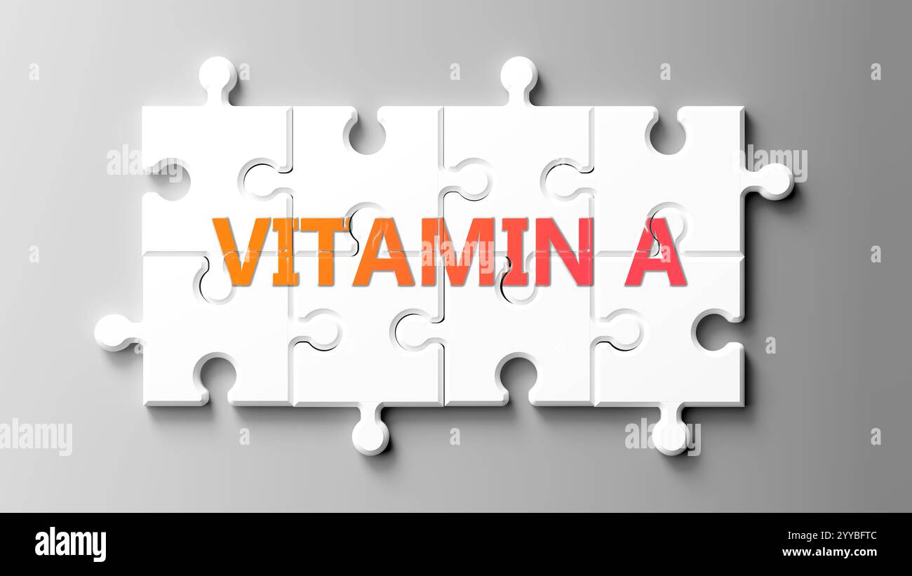 Vitamin A als komplexes Thema, bezogen auf wichtige Themen, die sich als Wortwolke verbreiten. Stockfoto