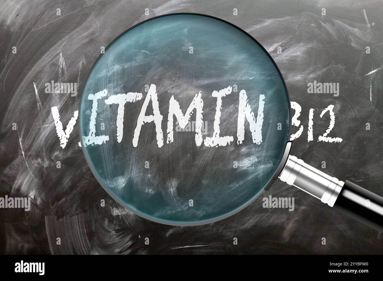 Vitamin B12 - Lernen, studieren und inspizieren. Ein genauerer Blick auf Vitamin b12. Eine Lupe mit dem Wort "Vitamin b12" auf einem Schwarzschwein Stockfoto