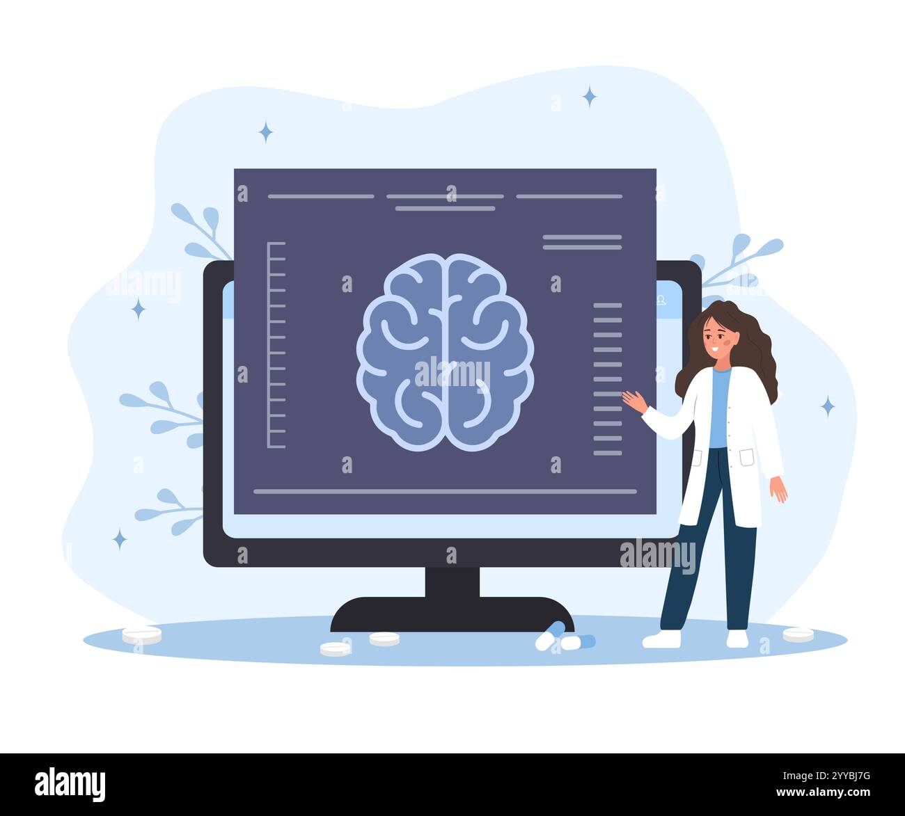 Neurologenkonzept. Frau in medizinischer Uniform studiert Hirnkrankheiten. Anatomie und Biologie. Vektor-Illustration in flachem Cartoon-Stil Stock Vektor