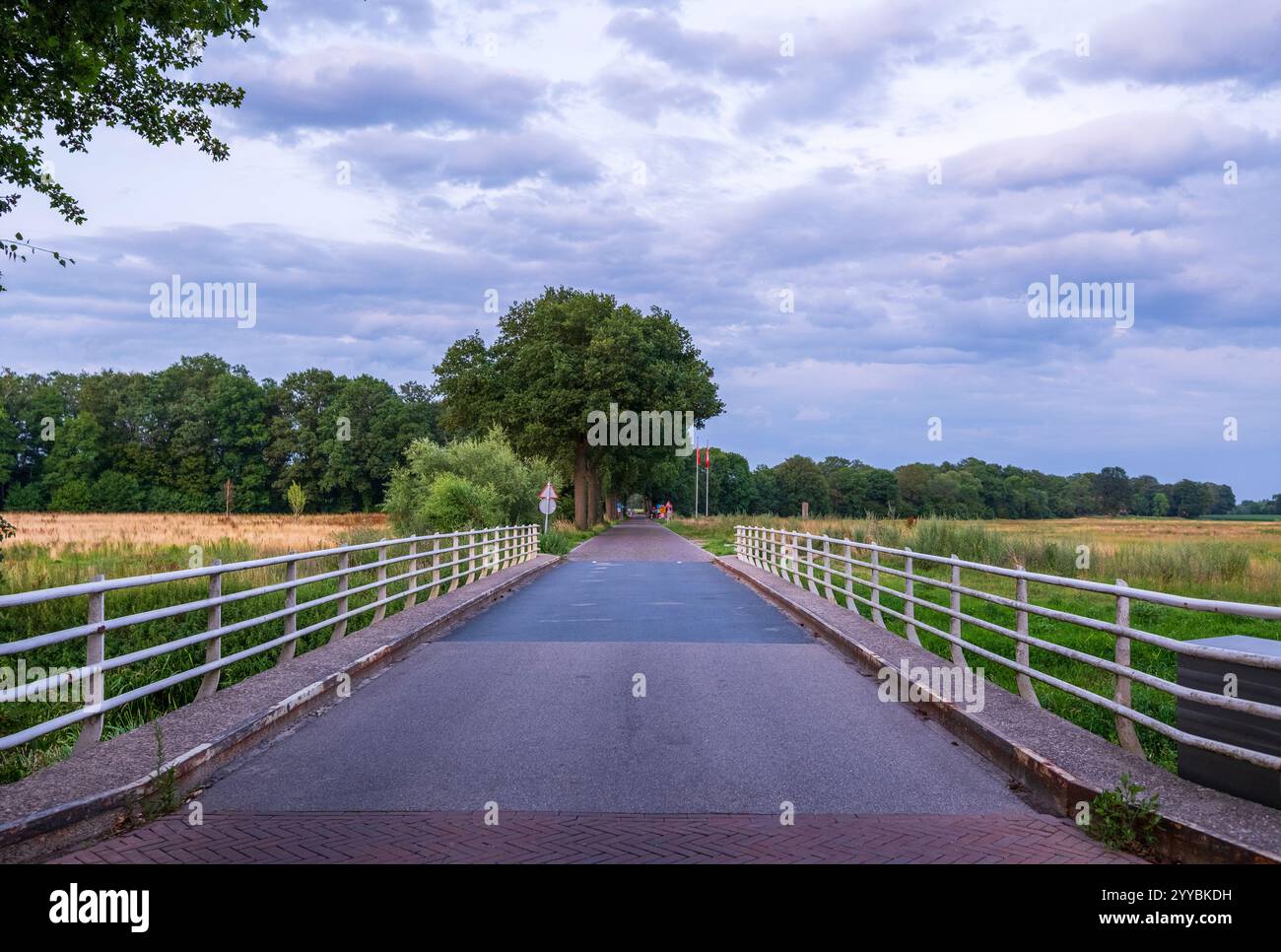 Einzigartiges Foto von einer kleinen Brücke und einem gewundenen Pfad im Herbst entlang der deutsch-niederländischen Grenze, umgeben von lebhaften saisonalen Farben Stockfoto