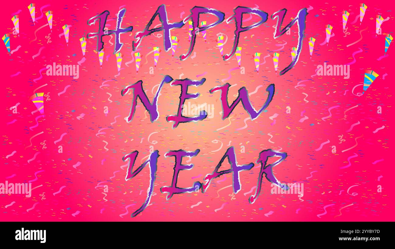 „Happy New Year“-Text in Magenta-Blau mit Konfetti-Thema Stock Vektor