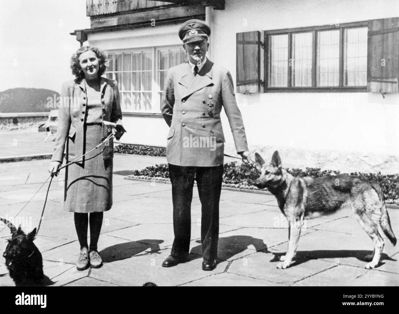 ADOLF HITLER und Eva Braun auf dem Berghof im Juni 1942 mit ihren Hunden. Hitlers ist ein deutscher Schäferhund namens Blondi und Eva ist einer von zwei schwarzen schottischen Terriern, die Negus und Katushka besaßen. Stockfoto