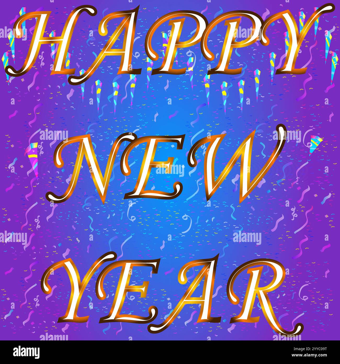 Happy New Year weiß-goldener Text mit Konfetti-Thema und lila himmelblauem radialem Hintergrund 1:1-Verhältnis Stock Vektor