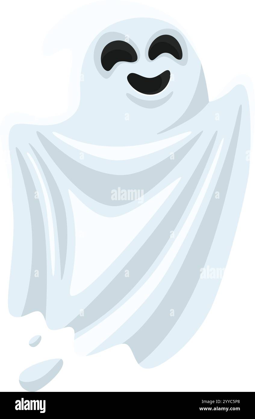 Der Zeichentrickgeist schwebt fröhlich in einem weißen Blatt, lächelt und genießt eine Halloween-Party mit einem verspielten, gruseligen Ausdruck, der den lustigen Geist verkörpert Stock Vektor