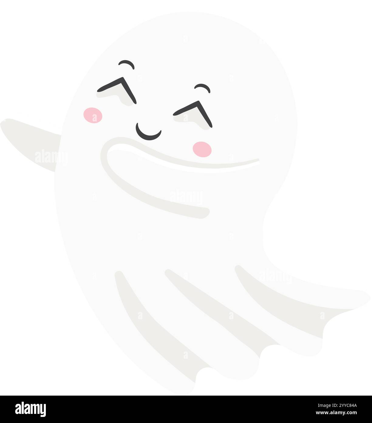 Niedlicher Zeichentrickgeist, der mit einem lächelnden Gesicht schwebt und winkt, perfekt für Halloween-Projekte, Kinderillustrationen und gruselige Designs Stock Vektor