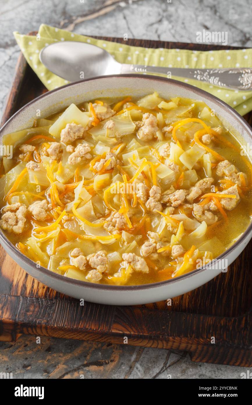 Eierkohlsuppe mit gemahlenem Schweinefleisch und Gemüse aus der Nähe auf der Auflaufform auf dem Tisch. Vertikal Stockfoto