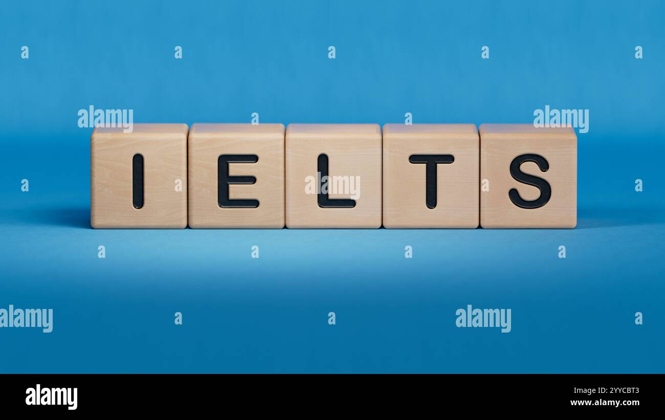 Zwischenablage mit IELTS-Text über Finanzdiagrammen. Geschäftsanalyse und Strategiekonzept.Nahaufnahme von Holzelementen,Business Concept.3D-Rendering Stockfoto