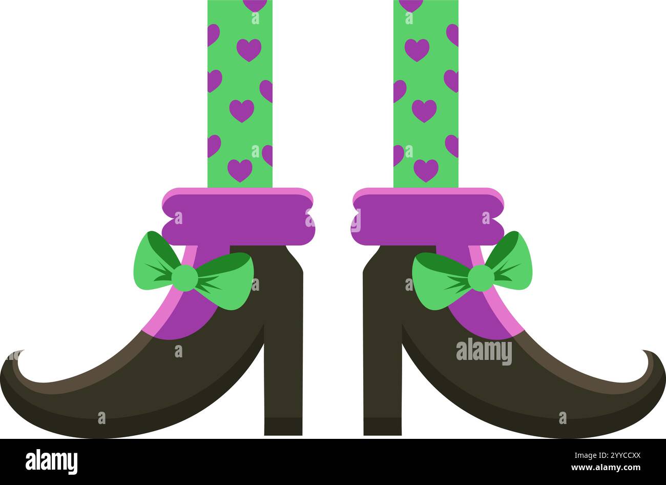 Hexenbeine tragen modische grüne und lila Stiefel mit Schleifen und Socken mit Herzmuster, ideal für halloween-Projekte oder Fantasy-Illustrationen Stock Vektor