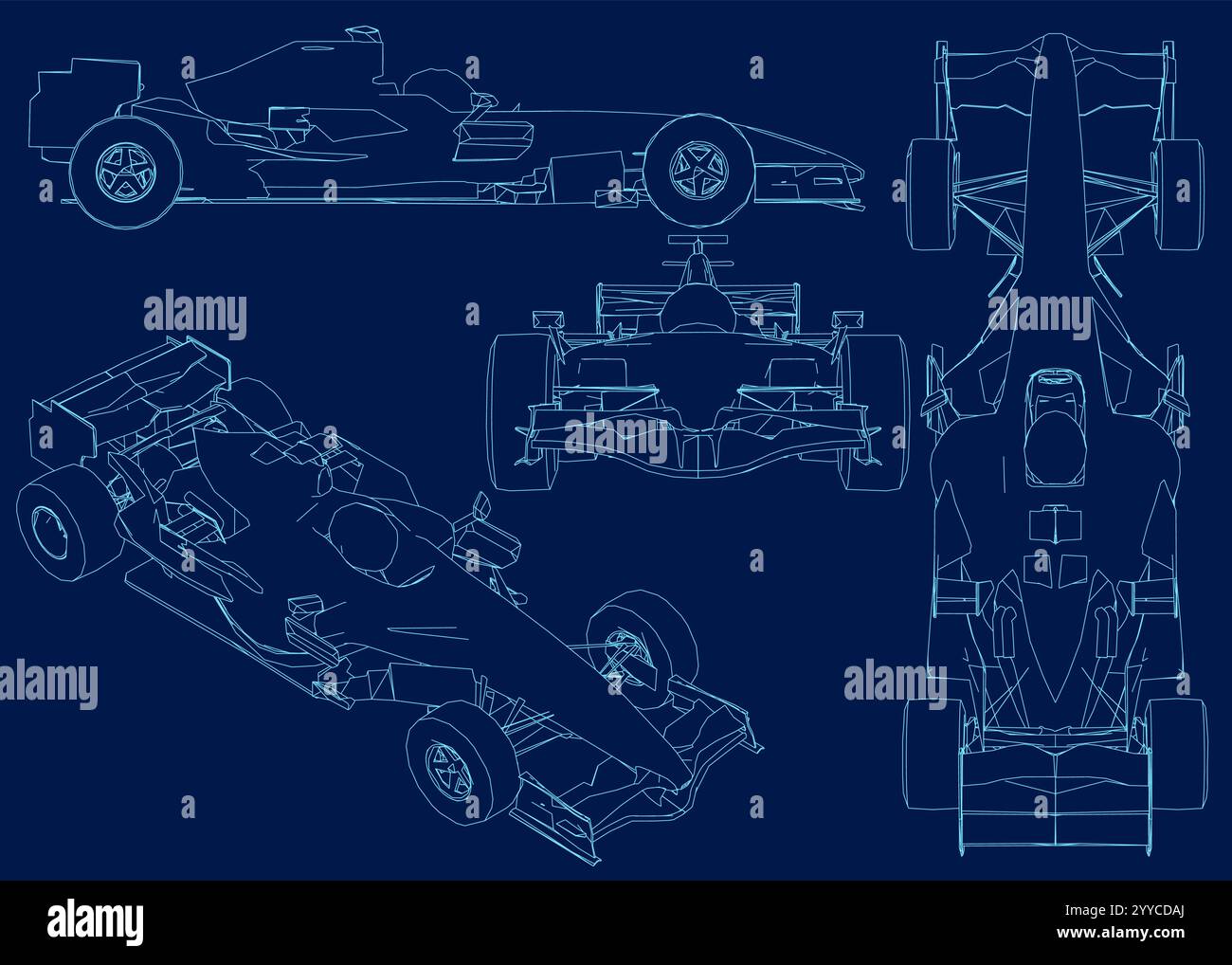 Kontur eines F1-Rennwagens festlegen. Formel 1 Vektorplan isoliert auf blauem Hintergrund. Seite, Vorderseite, Oben, isometrische Ansicht. Stock Vektor