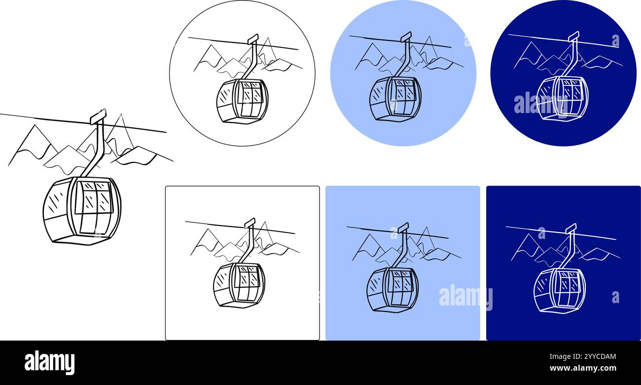 Mountain Lift Standseilbahn mit grafischem Vektor-Logo. Überblick über die touristischen Attraktionen in der Höhe von Touristen. Aufstieg auf die große Höhe der Menschen. Vecto Stock Vektor