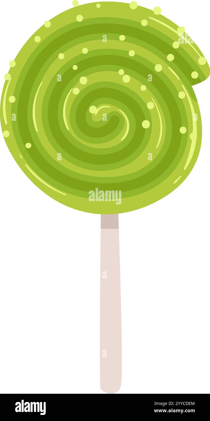Grüner, spiralförmiger Lutscher mit farbenfrohen Streuseln, der sich auf einem Stab vor einem makellos weißen Hintergrund verspielt dreht und das Wesen von einfängt Stock Vektor
