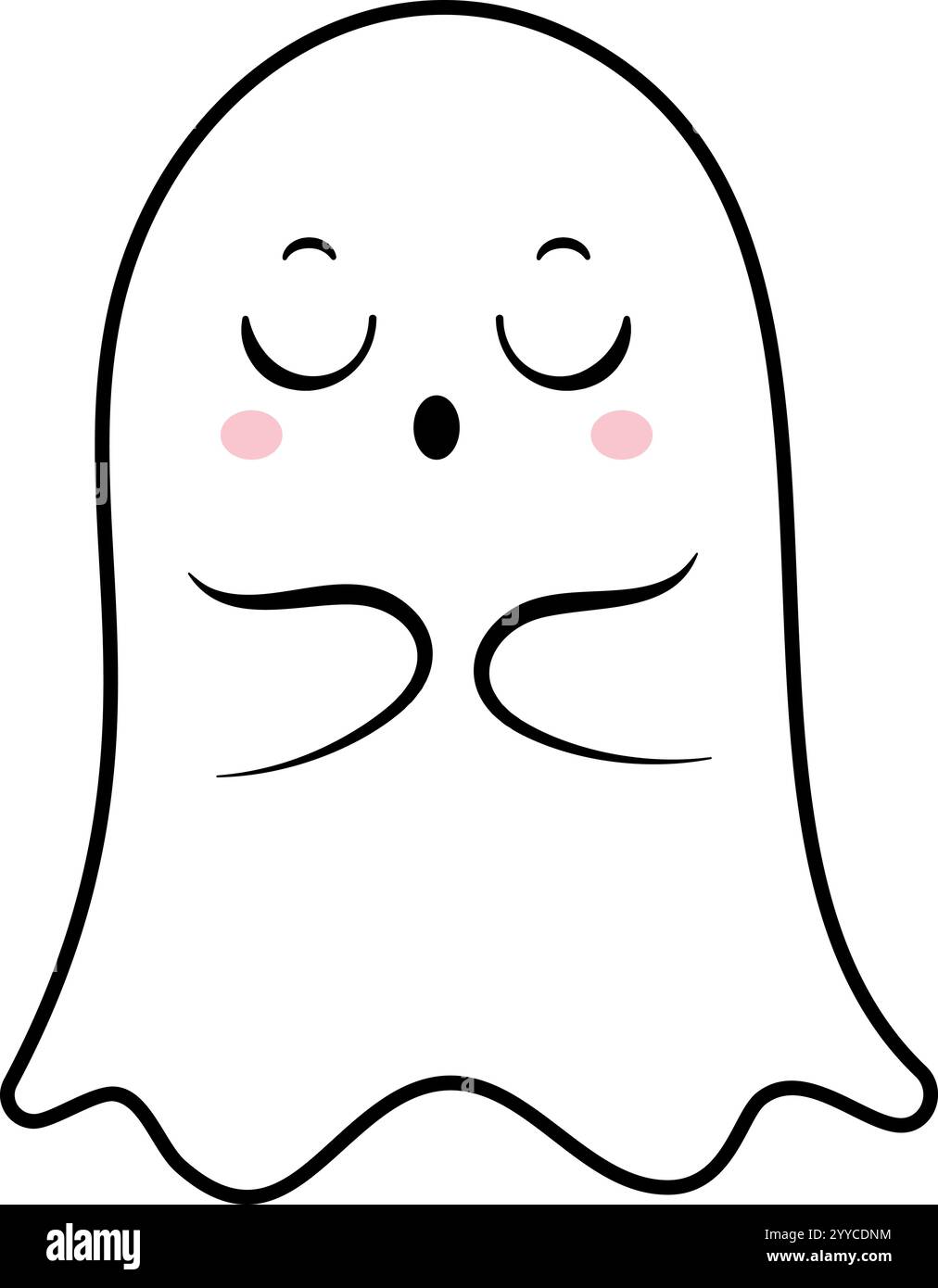 Ein entzückender Zeichentrickgeist, der friedlich mit geschlossenen Augen, rosa Wangen und einem sanften Ausdruck schläft, der eine skurrile Note für Halloween oder Halloween schafft Stock Vektor