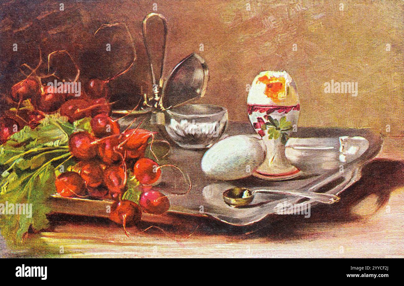 Postkarte Vintage 1910-1920 mit Stillleben eines silbernen Frühstückstabletts mit gekochten Eiern, Eierbecher, Löffel, Gewürzhalter und Radieschen. Stockfoto