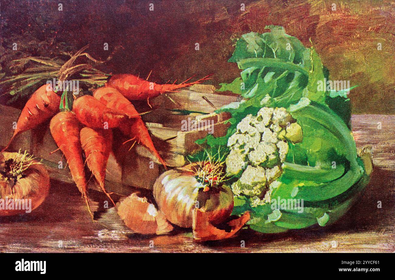 Vintage-Postkarte aus dem Jahr 1910-1920 mit Stillleben mit verschiedenen Gemüsesorten, einschließlich Blumenkohl, Zwiebeln und einem Haufen Karotten in einer Holzkiste. Stockfoto