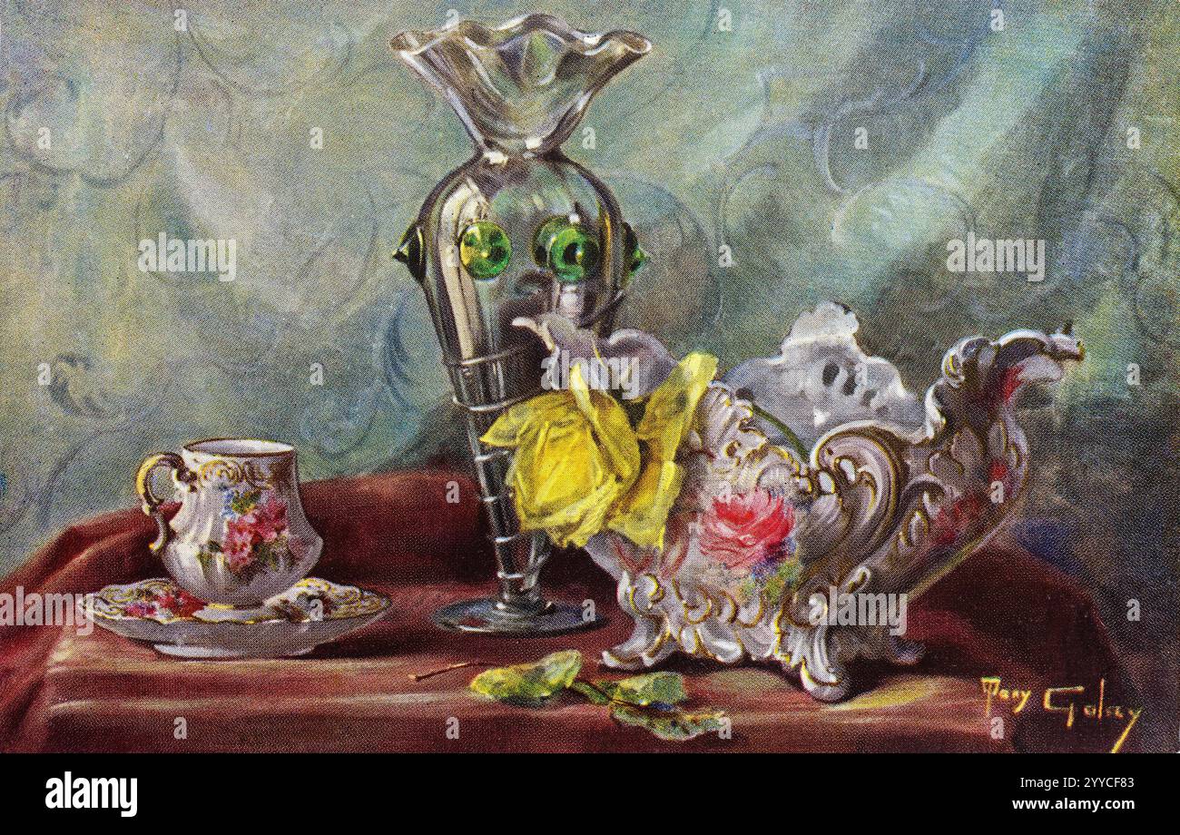 Vintage-Postkarte aus dem Jahr 1910-1920 mit Stillleben einer kunstvollen Glasvase, einer dekorativen porzellanteetasse und Tureen. Stockfoto