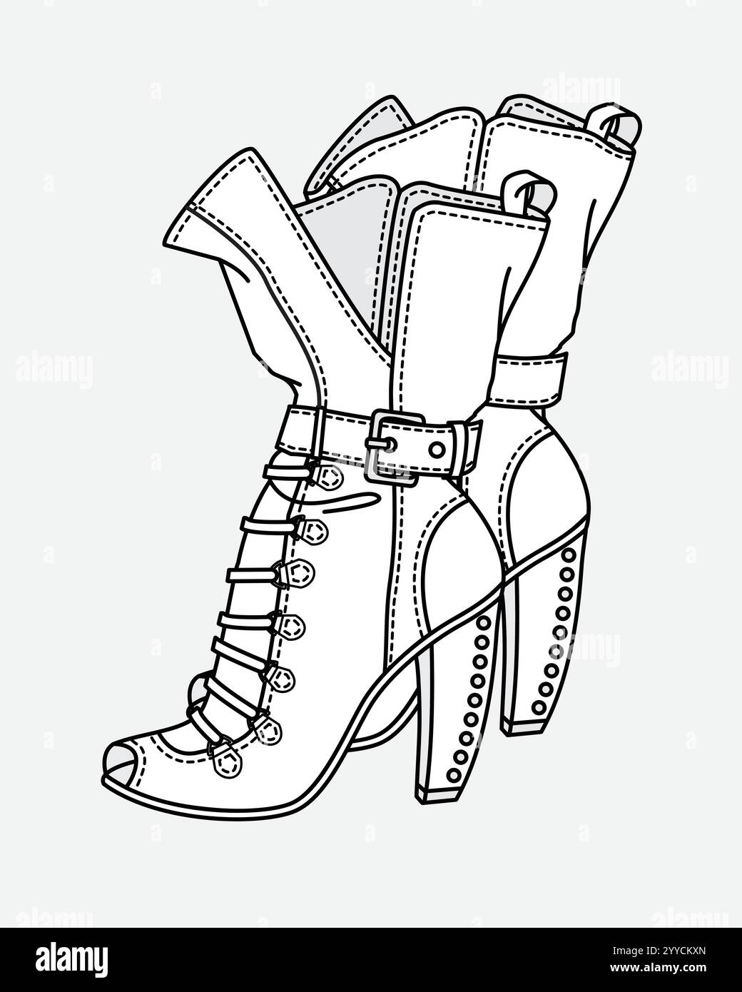 Frauen High Heel Schuhe Vektor Design technische flache Skizze von adobe Illustrator. Stock Vektor