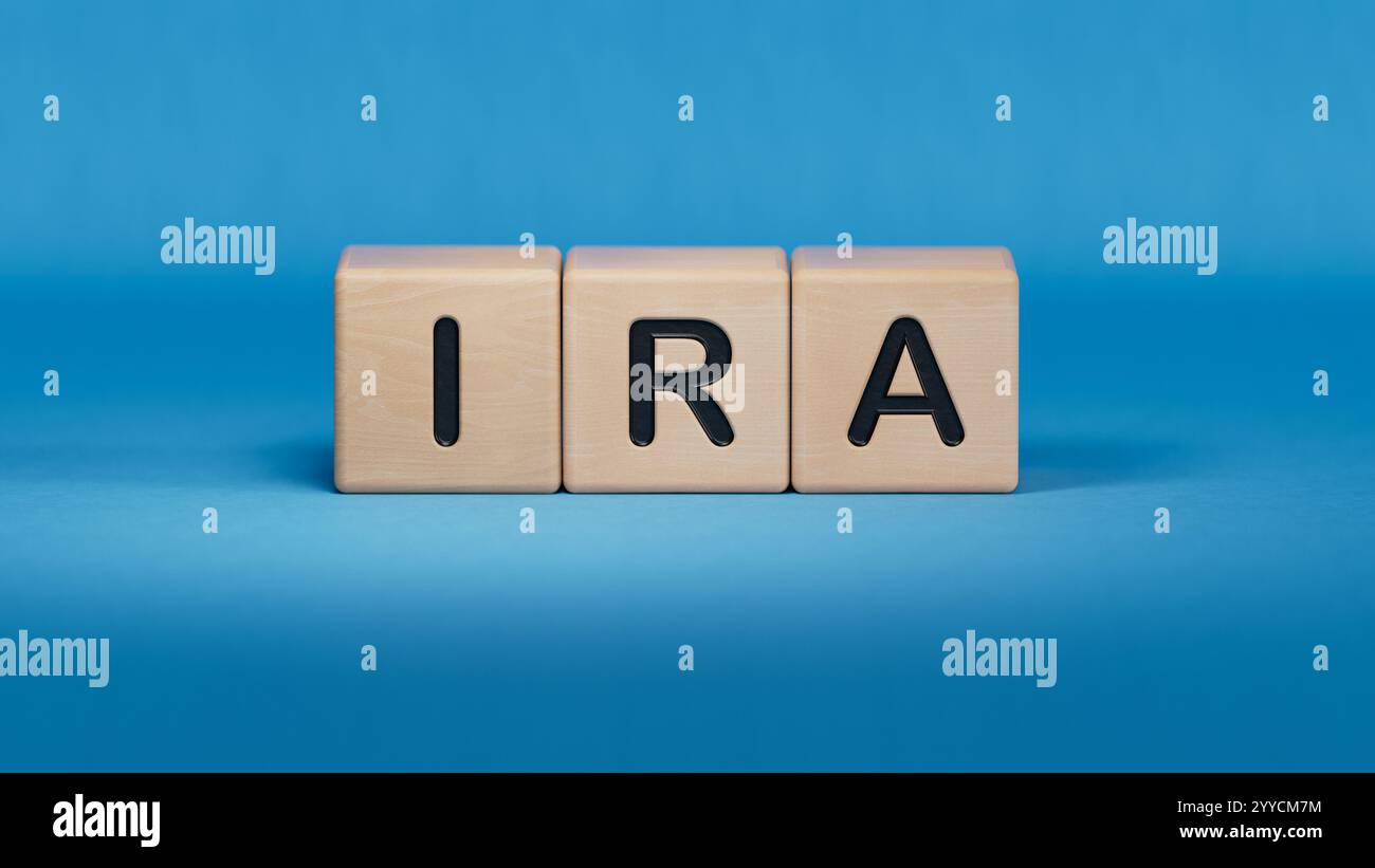 IRA individuelles Pensionskonto Wort auf Holzwürfelblock. Nahaufnahme von Holzelementen, Business Concept.3D-Rendering auf blauem Hintergrund. Stockfoto IRA individuelles Pensionskonto Wort auf Holzwürfelblock. Nahaufnahme von Holzelementen, Business Concept.3D-Rendering auf blauem Hintergrund. Stockfoto