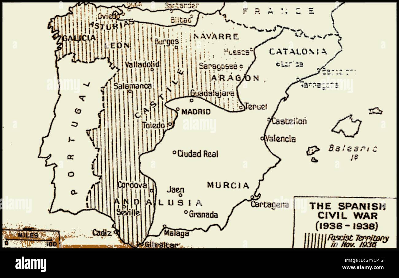 Eine Karte aus den 1940er Jahren, die den Spanischen Bürgerkrieg 1936-1938 illustriert - UN mapa de 1940 que ilustra la Guerra Civil Española 1936-1938 -um mapa dos anos 40 que ilustra a Guerra Civil Espanhola 1936-1938 -Carte des années 1940 illustrant la guerre civile espagnole 1936-1938 -eine Karte aus den 1940er Jahren, die Spanischen Bürgerkrieg 1936-1938 illustriert. Stockfoto