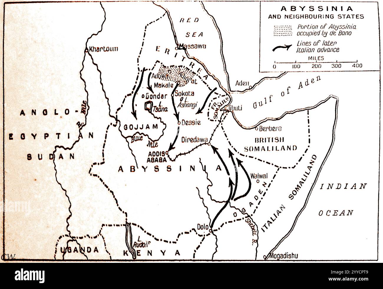 Eine Karte aus den 1940er Jahren von Abessinien (Äthiopien) und den umliegenden staaten. - Khariidaddii 1940-kii ee Abessinia (Itoobiya) iyo dawladaha ku xeeran Stockfoto