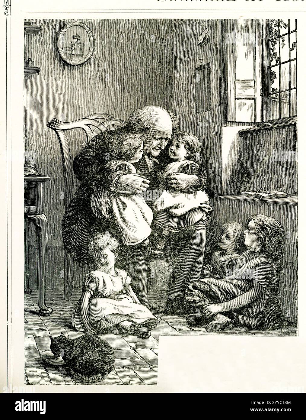 Diese Abbildung aus dem Jahr 1883 zeigt Opa mit vier Kindern und einer Katze. Stockfoto