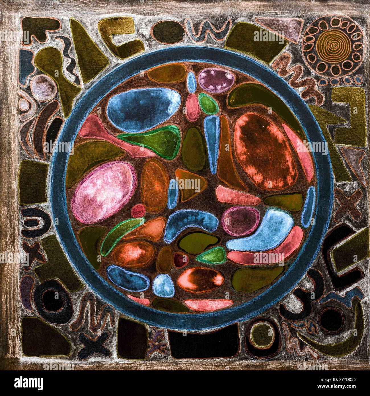 Psychedelische Mandala, abstrakter geometrischer Kreis mit Formen. Die Dabbing-Technik in der Nähe der Kanten sorgt aufgrund der veränderten Oberfläche für einen weichen Fokus Stockfoto