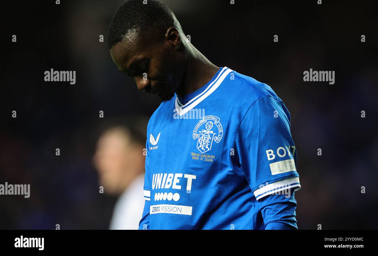 Rangers' Mohamed Diomande trug das 125 Years Anniversary Trikot während des Premier League Spiels im Ibrox Stadium, Glasgow. Bilddatum: Samstag, 21. Dezember 2024. Stockfoto