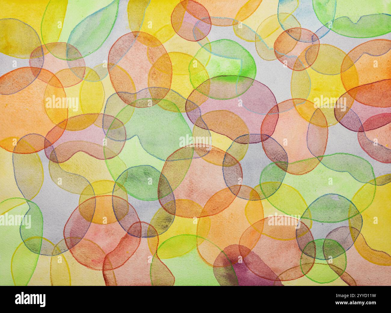 Überlappende Formen in Aquarellfarben abtupfen. Die Dabbing-Technik in der Nähe der Kanten sorgt aufgrund der veränderten Oberflächenrauhigkeit des p für einen weichen Fokus Stockfoto