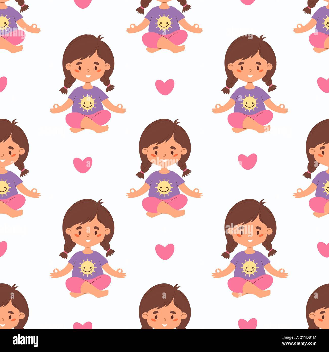 Nahtloses Muster mit niedlichem Mädchenkind mit Zöpfen Haarart Meditieren sitzend in Asana auf weißem Hintergrund mit rosa Herz. Vektorabbildung in fl Stock Vektor
