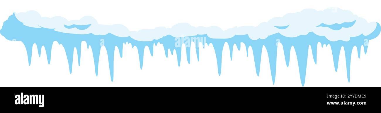Schneebedecktes Dach mit hängenden Eiszapfen schafft eine winterliche Wunderlandschaft, die perfekt geeignet ist, um kaltes Wetter, eiskalte Temperaturen und die Schönheit darzustellen Stock Vektor