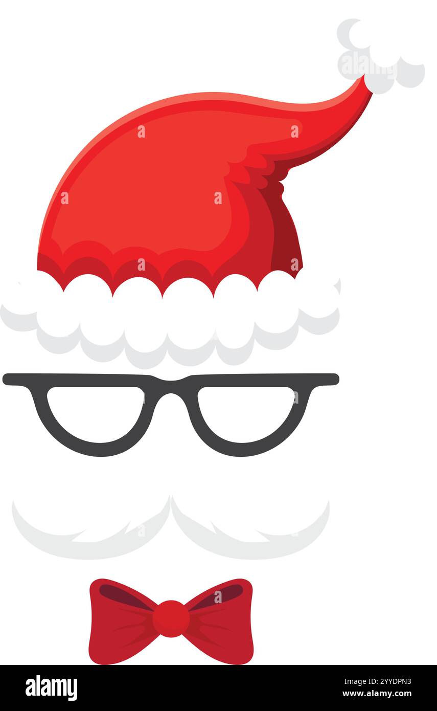 Weihnachtsillustration mit einem hippen Weihnachtsmann mit trendiger Brille, einem leuchtend roten Weihnachtsmann-Hut und einer stilvollen roten Schleife vor einem Clean Stock Vektor