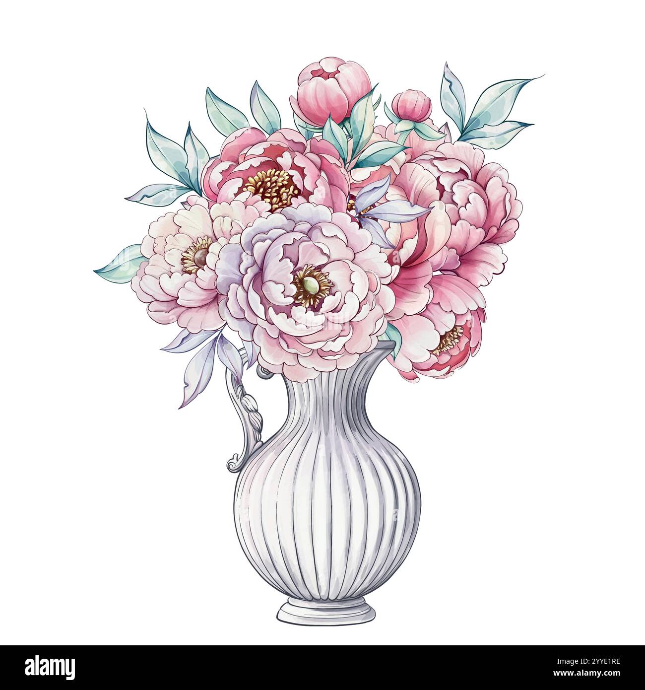 Ein atemberaubendes Bouquet von Pfingstrosen füllt eine anmutige Vase mit sanften Pastelltönen, die Charme und Eleganz versprühen und das Wesen der floralen Schönheit einfangen Stock Vektor