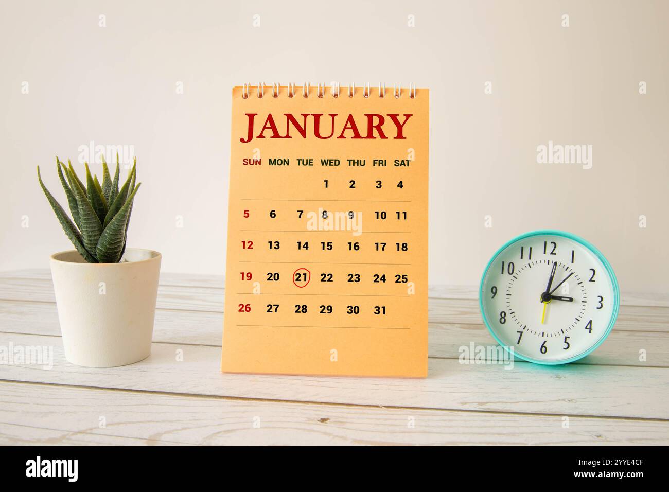 Eine Nahaufnahme eines hölzernen ewigen Kalenders mit dem 21. Januar. Stockfoto