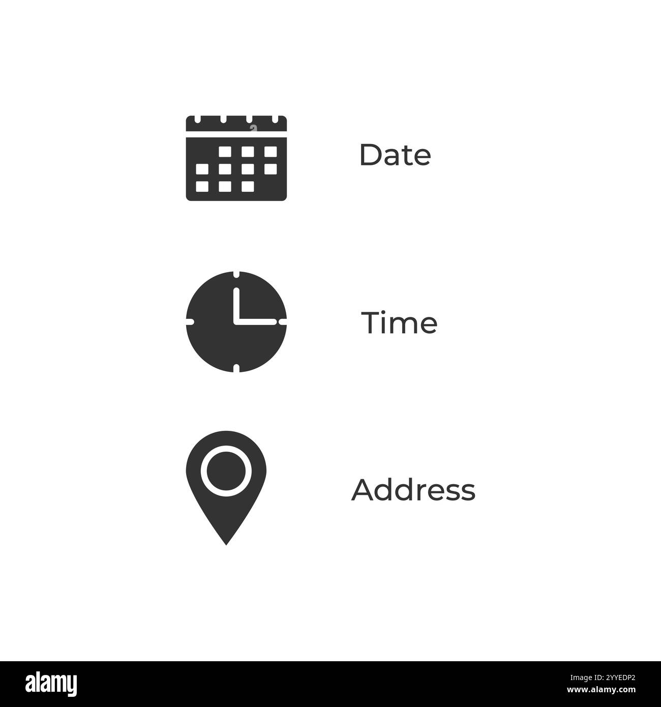 Symbol für Datum und Uhrzeit Standort Adresse. Symbol für Kalender, Uhr, Ortsangabe. Signieren des Vektordesigns für Ereignisdaten. Stock Vektor