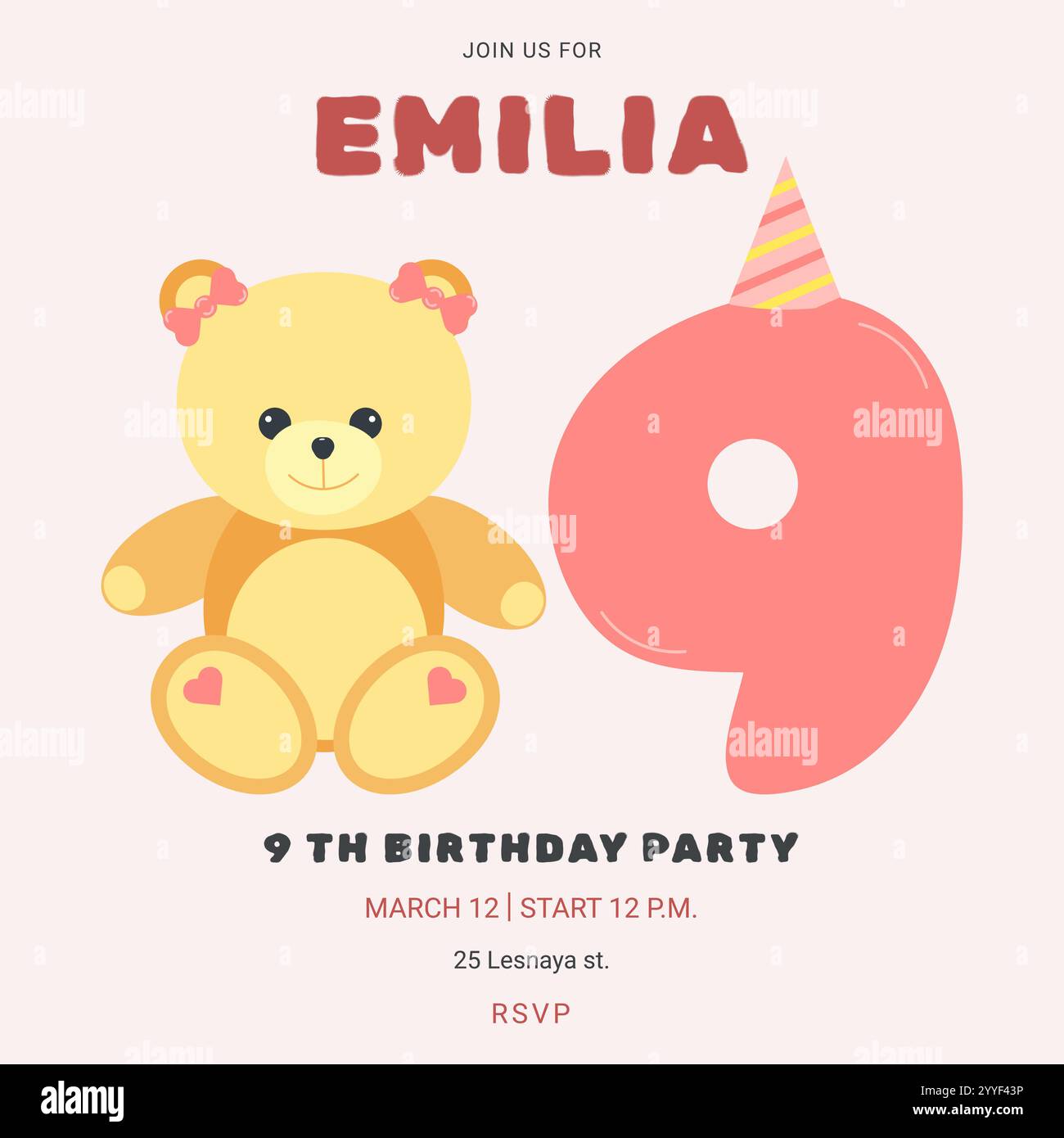 Geburtstagsfeier für Kinder mit süßem Bären und Nummer. Feier zum neunten Geburtstag. Grußkartenvorlage für Kinder. Vektorabbildung. Stock Vektor