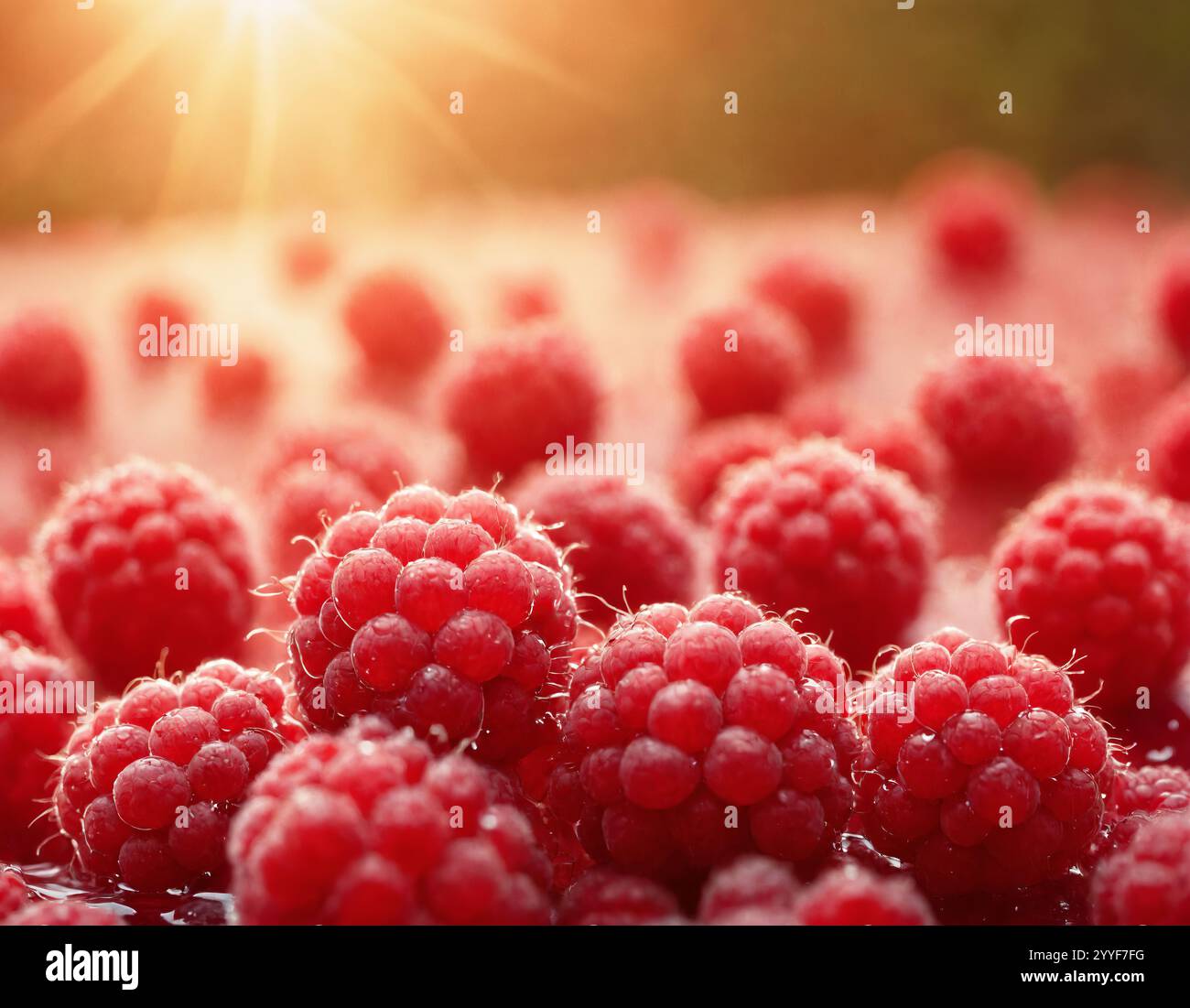 Frische Himbeere mit Wassertropfen im Hintergrund der Sonne. Himbeere, Obst, Makro, Porträt. Himbeere mit Wassertropfen im Hintergrund der Sonne. Stockfoto