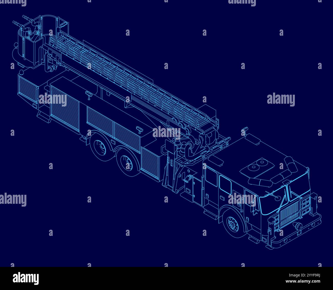 Feuerwehrauto oder Feuerwehrauto Vektorkontur, Feuerwehrfahrzeug. Feuerwehrwagen, Feuerwehrnotfallrettung, Transport, isometrische Sicht flach c Stock Vektor