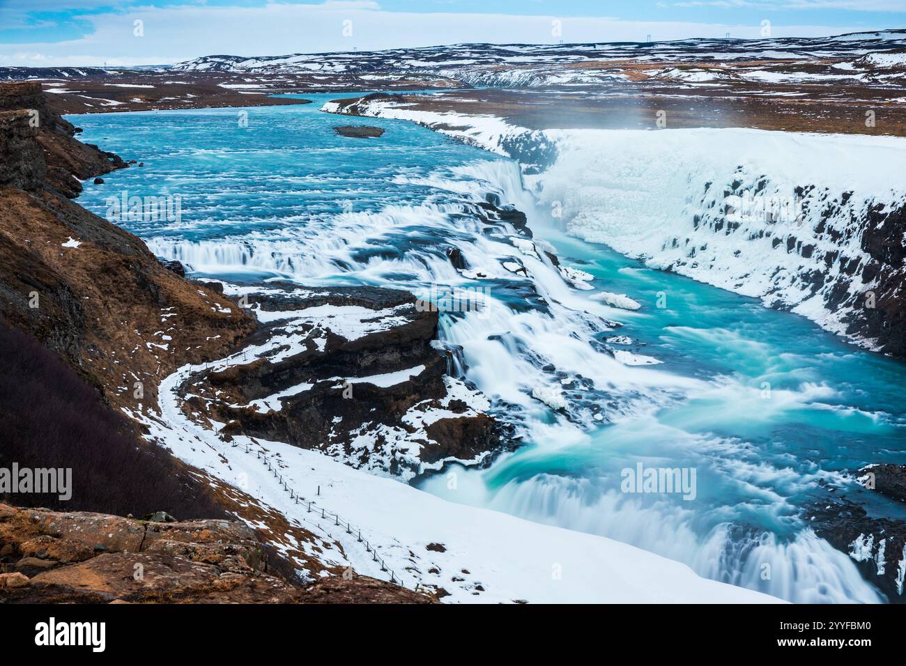 Gullfoss Wasserfall im Winter (Bird's Eye View), Island Stockfoto