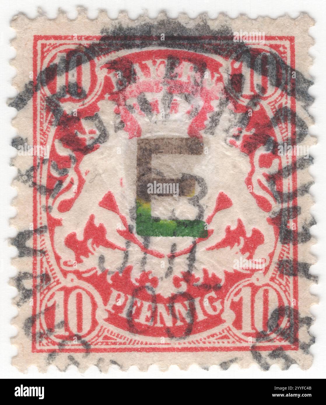 BAYERN — 01. Januar 1908: 10 Pfennig Karmin Amtsstempel mit geprägtem Bayern-Wappen mit dem Aufdruck "E" für Eisenbahnbeamte. „E“ steht für „Eisenbahn“. Bayern war ein Königreich im Süden Deutschlands mit der Hauptstadt München, Mitglied des Deutschen Bundes und wurde 1870 Teil des Deutschen Reiches. Nach dem Ersten Weltkrieg erklärte sie sich zur republik. Am 31. März 1920 verlor sie ihre Postautonomie Stockfoto BAYERN — 01. Januar 1908: 10 Pfennig Karmin Amtsstempel mit geprägtem Bayern-Wappen mit dem Aufdruck "E" für Eisenbahnbeamte. „E“ steht für „Eisenbahn“. Bayern war ein Königreich im Süden Deutschlands mit der Hauptstadt München, Mitglied des Deutschen Bundes und wurde 1870 Teil des Deutschen Reiches. Nach dem Ersten Weltkrieg erklärte sie sich zur republik. Am 31. März 1920 verlor sie ihre Postautonomie Stockfoto