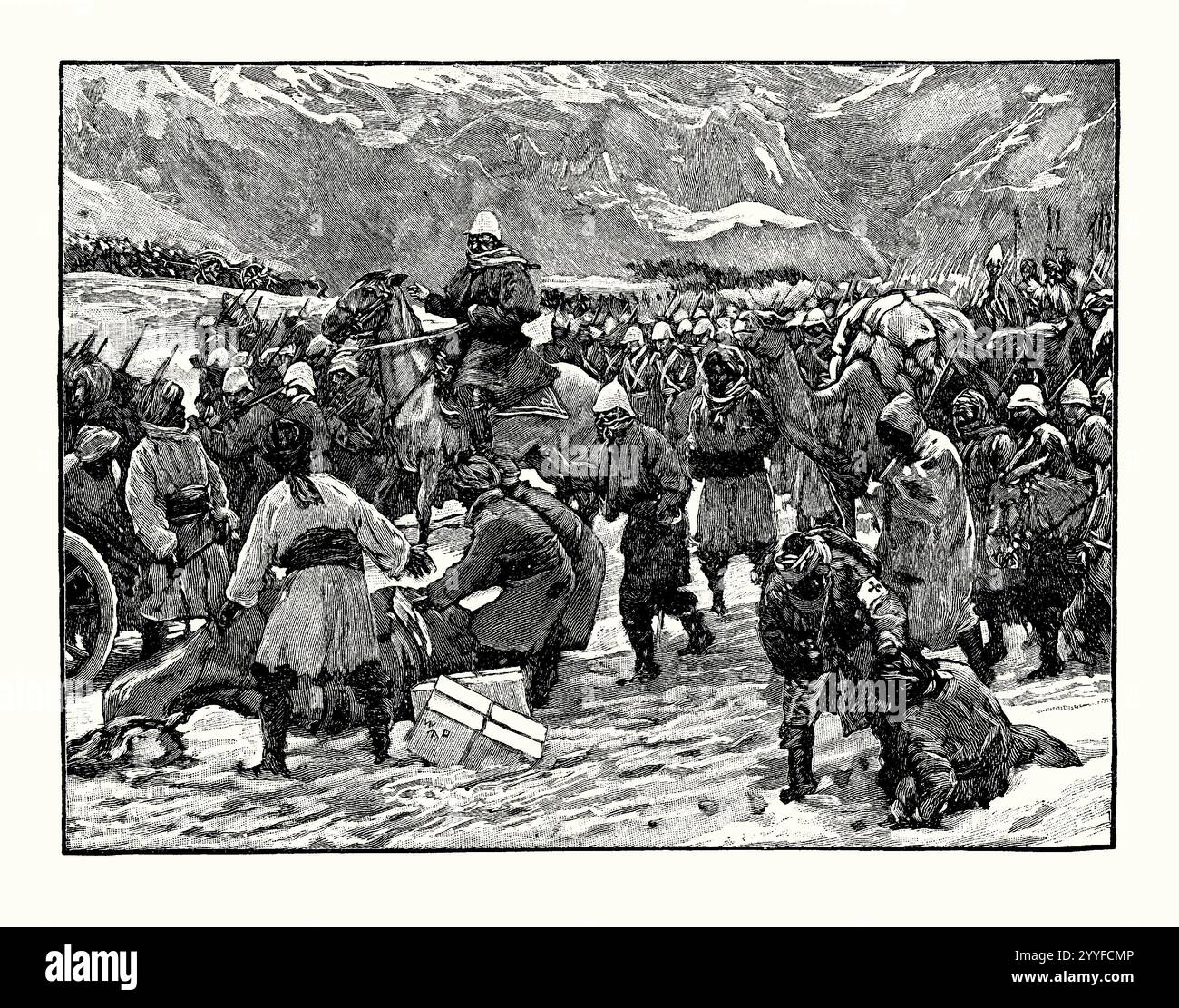 Eine alte Gravur der britischen und indischen Streitkräfte, die im Frühjahr 1839 den Bolan Pass in der Provinz Belutschistan, Pakistan, Asien verhandelten. Es stammt aus einem viktorianischen Geschichtsbuch aus dem jahr 1900. Während des Ersten Afghanischen Krieges (1839–42) führte General John Keane eine 000 Mann starke britisch-indische Streitmacht, die Indus-Armee, durch die Bolan- und Chojak-Pässe. Das Gelände war schwierig und die Briten wurden von Stammesleuten belästigt, aber sie stießen auf keinen größeren Widerstand. Die Invasionstruppe nahm Kandahar im April kampflos ein, nachdem ihr Herrscher, der Bruder von Dost Mohammed, nach Kabul floh, als die Armee sich näherte. Stockfoto