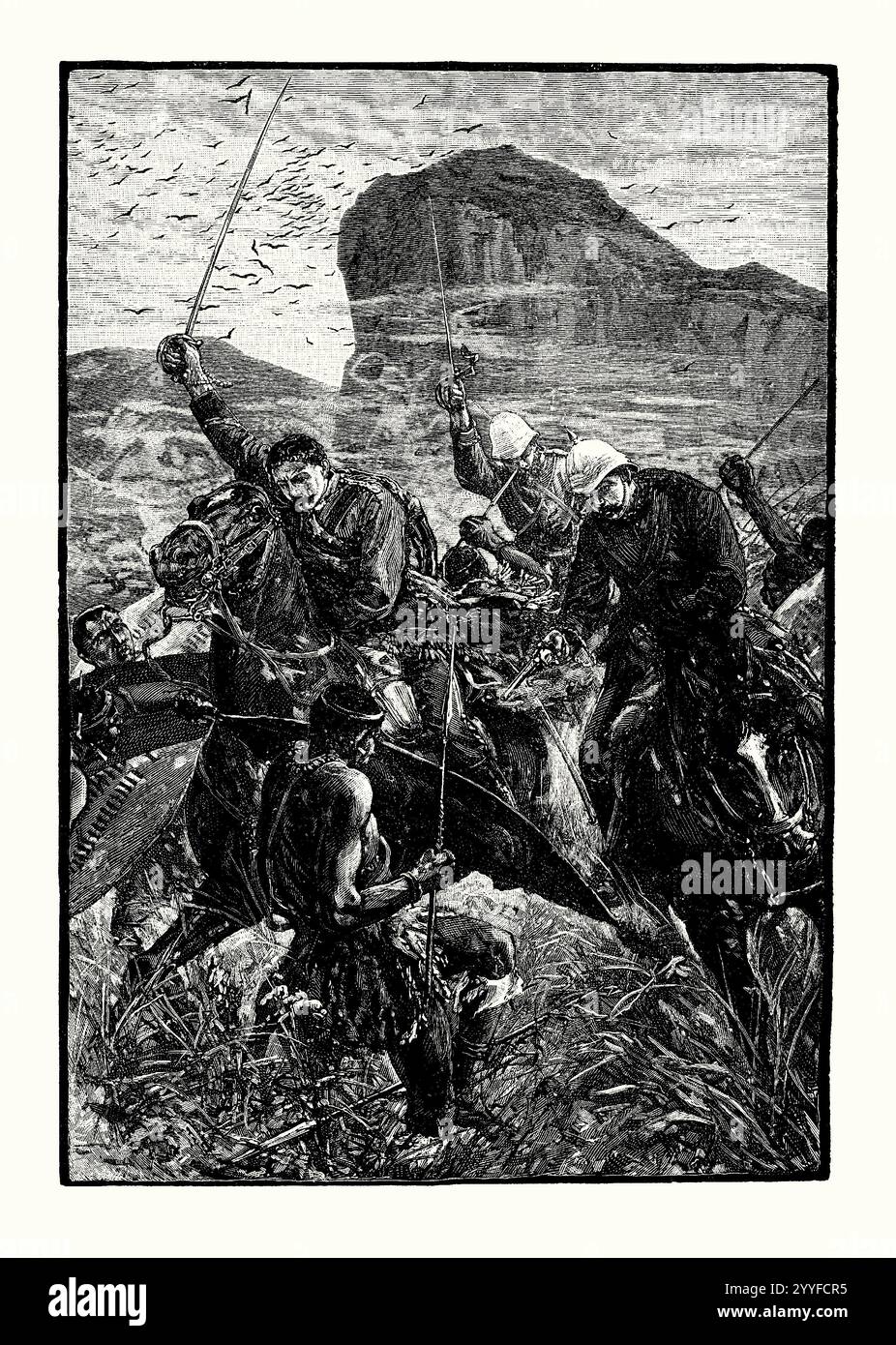 Eine alte Gravur eines Kavallerie-Angriffs in der Schlacht von Isandlwana (Isandhlwana), Königreich Zulu, dem heutigen Südafrika am 22. Januar 1879. Es stammt aus einem viktorianischen Geschichtsbuch aus dem jahr 1900. Es war die erste große Begegnung im Anglo-Zulu-Krieg zwischen dem britischen Empire und dem Zulu-Königreich. Die Zulus waren hauptsächlich mit den traditionellen Assegai-Eisernen Speeren ausgestattet, aber die Schlacht war ein entscheidender Sieg für die Zulus. Isandlwana führte zu einer verstärkten zweiten Invasion der Briten, die die Hoffnungen des Zulu-Königs Cetewayo auf einen ausgehandelten Frieden zerstörte. Stockfoto