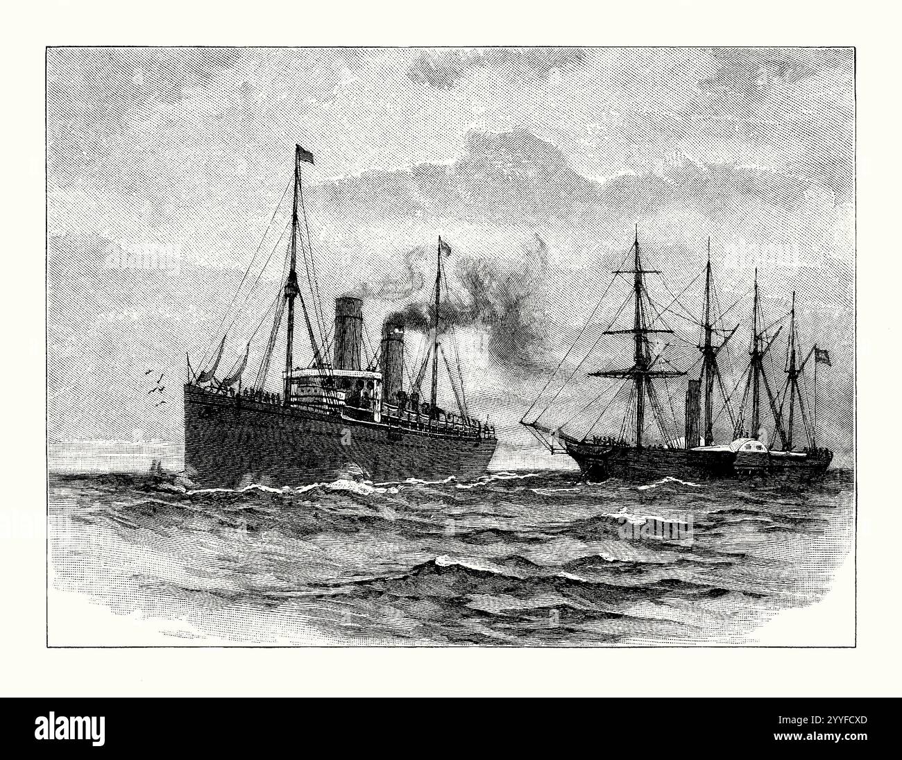 Eine alte Gravur zweier Seeschiffe der 1800er Jahre, der moderneren RMS Campania von 1892 (links) und der älteren SS Great Western von 1838 (rechts). Es stammt aus einem viktorianischen Geschichtsbuch aus dem jahr 1900. Die RMS Campania war ein britisches Ozeanschiff der Cunard Line, das 1892 gestartet wurde. Kampanien war das größte und schnellste Passagierschiff, als sie 1893 in den Dienst trat. Die SS Great Western 1838 war ein Schaufelraddampfer mit Holzrümpfen, das erste Dampfschiff, das speziell für die Überquerung des Atlantiks gebaut wurde und von dem britischen Bauingenieur Isambard Kingdom Brunel entworfen wurde. Stockfoto