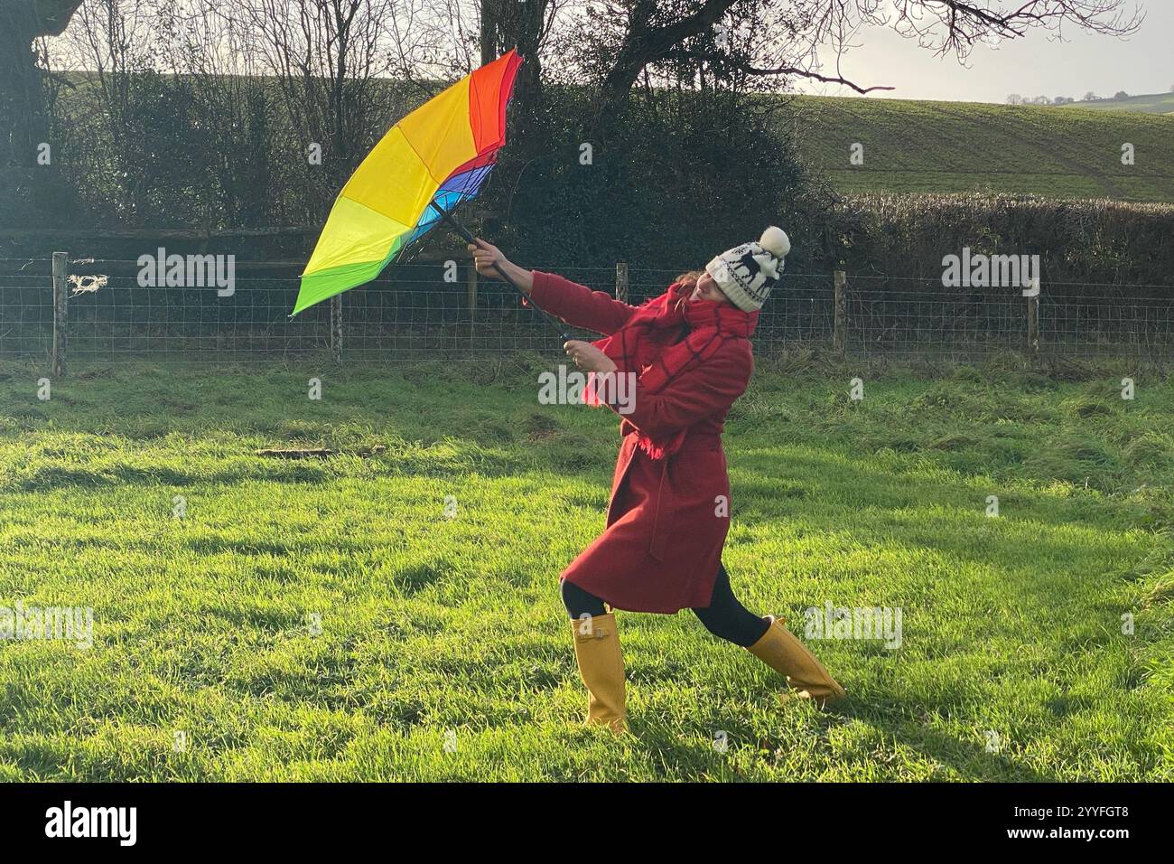 Dunsford, Devon, Großbritannien. Dezember 2024. Wetter in Großbritannien: Windig in Dunsford, Devon. Im Bild: Raich Keene kämpft mit ihrem Regenschirm gegen die Elemente. Hinweis: Nidpor/Alamy Live News Stockfoto