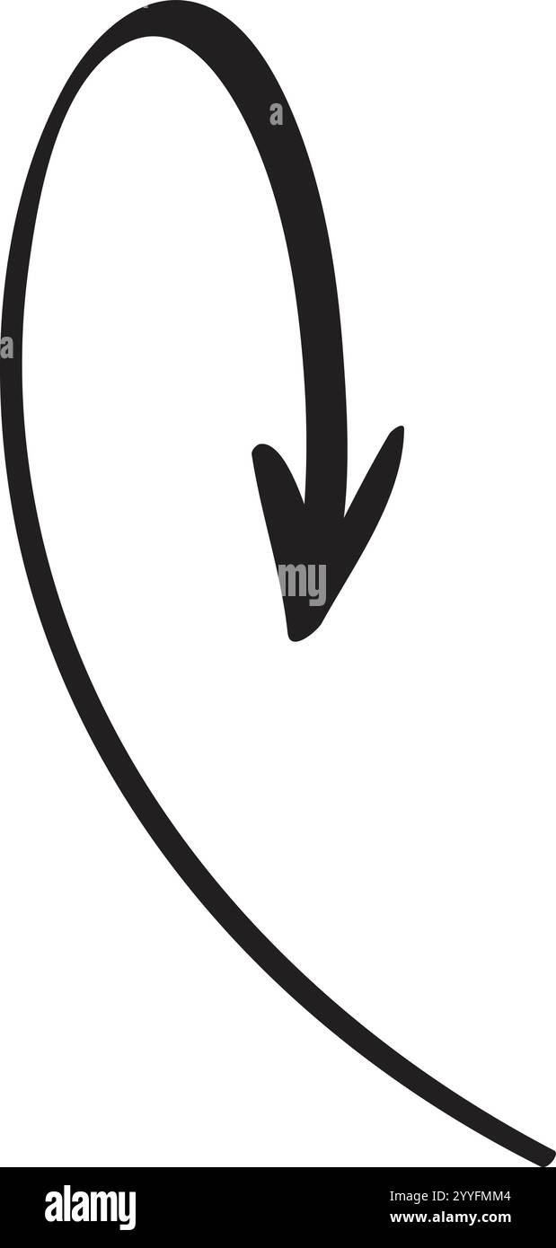 Einfacher, schwarzer, von Hand gezeichneter, nach unten zeigender, geschwungener Pfeil vor einem sauberen weißen Hintergrund, der als ideales grafisches Element für vielfältige Anwendungen dient Stock Vektor