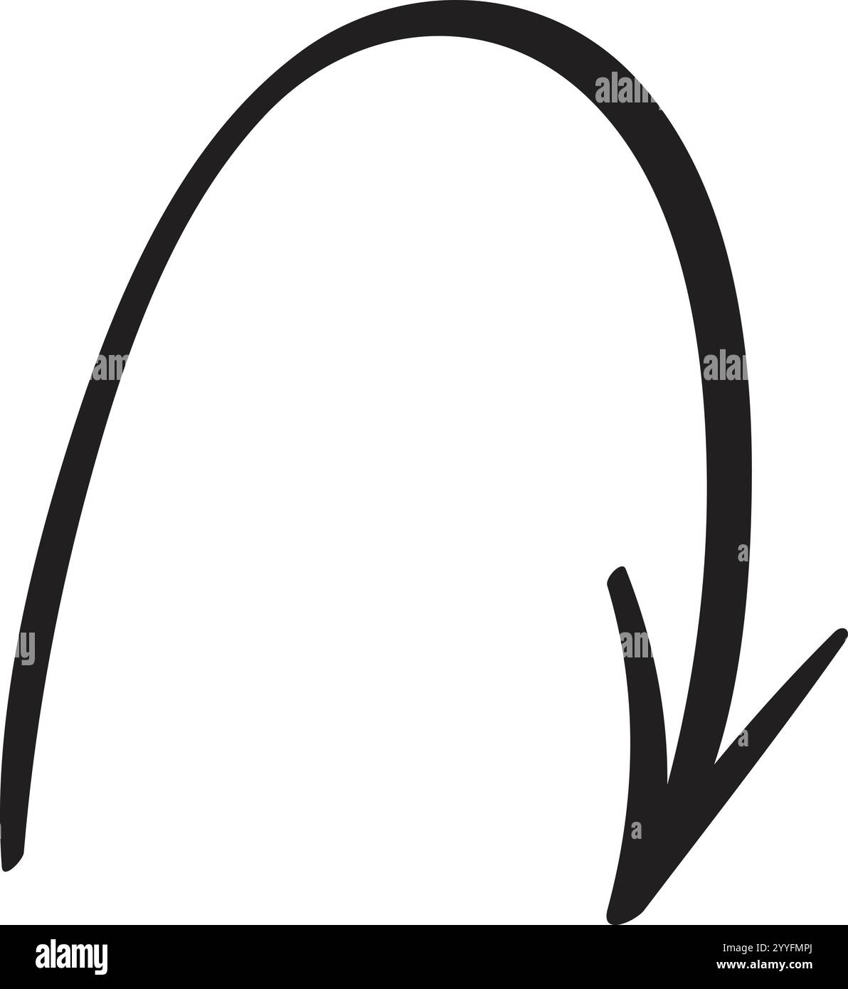 Ein einfacher und kräftiger schwarzer, von Hand gezeichneter, nach unten zeigender, geschwungener Pfeil vor einem sauberen weißen Hintergrund, der als ideales Grafikelement für dient Stock Vektor