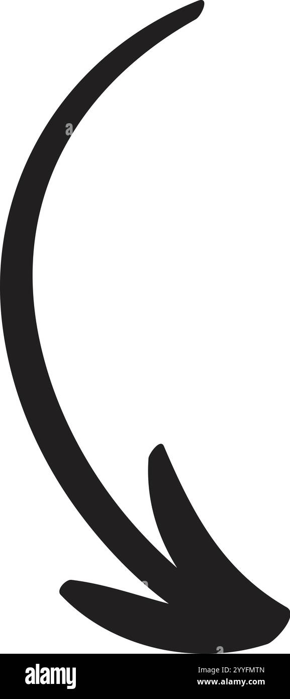 Einfacher, schwarzer, von Hand gezeichneter gebogener Pfeil nach unten, isoliert auf weißem Hintergrund, ideal für verschiedene Designprojekte und Präsentationen Stock Vektor