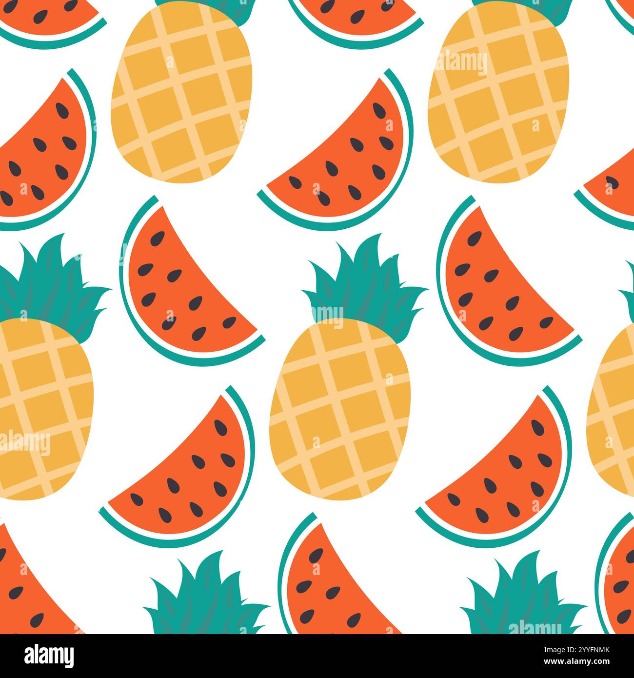 Stilisierte Ananas- und Wassermelonscheiben nahtloses Muster in trendigen Sommerfarben im minimalistischen Stil. Isolierte Vektor-Illustration Wallpaper Wrapping oder Web Promo Banner, thematische Karten, Posting, Blog Stock Vektor